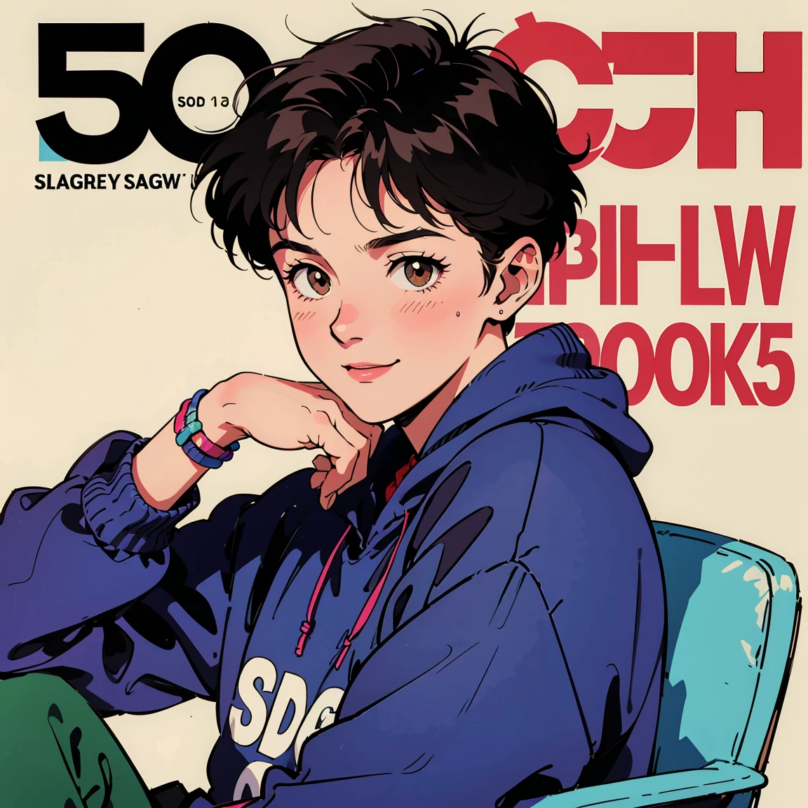 Best image quality, 1980s style animation, 20-25 years old, black hair, short hair, light brown eyes, skin as pale as snow, With a baggy sweatshirt, white background, magazine cover, whole body , sit on a chair , posing, Smiling broadly, So pretty, sexy face, whole body