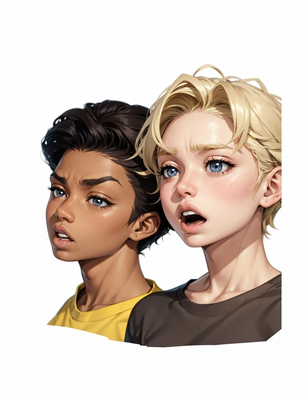 image of the faces of two teenagers, a 15-year-old black man and a 15-year-old blonde, an expression of temptation with their mouths open Facial expression of tension