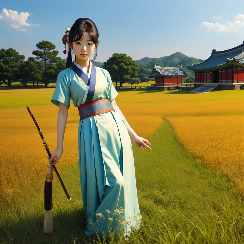 Korean girl, solo, Joseon Era, 18y, grass field, naked, big pubic hair, medium breasts, delicate, ultra feminine, youth, flute
