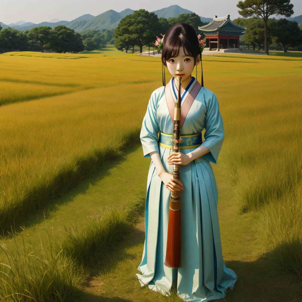 Korean girl, solo, Joseon Era, 18y, grass field, naked, big pubic hair, medium breasts, delicate, ultra feminine, youth, flute