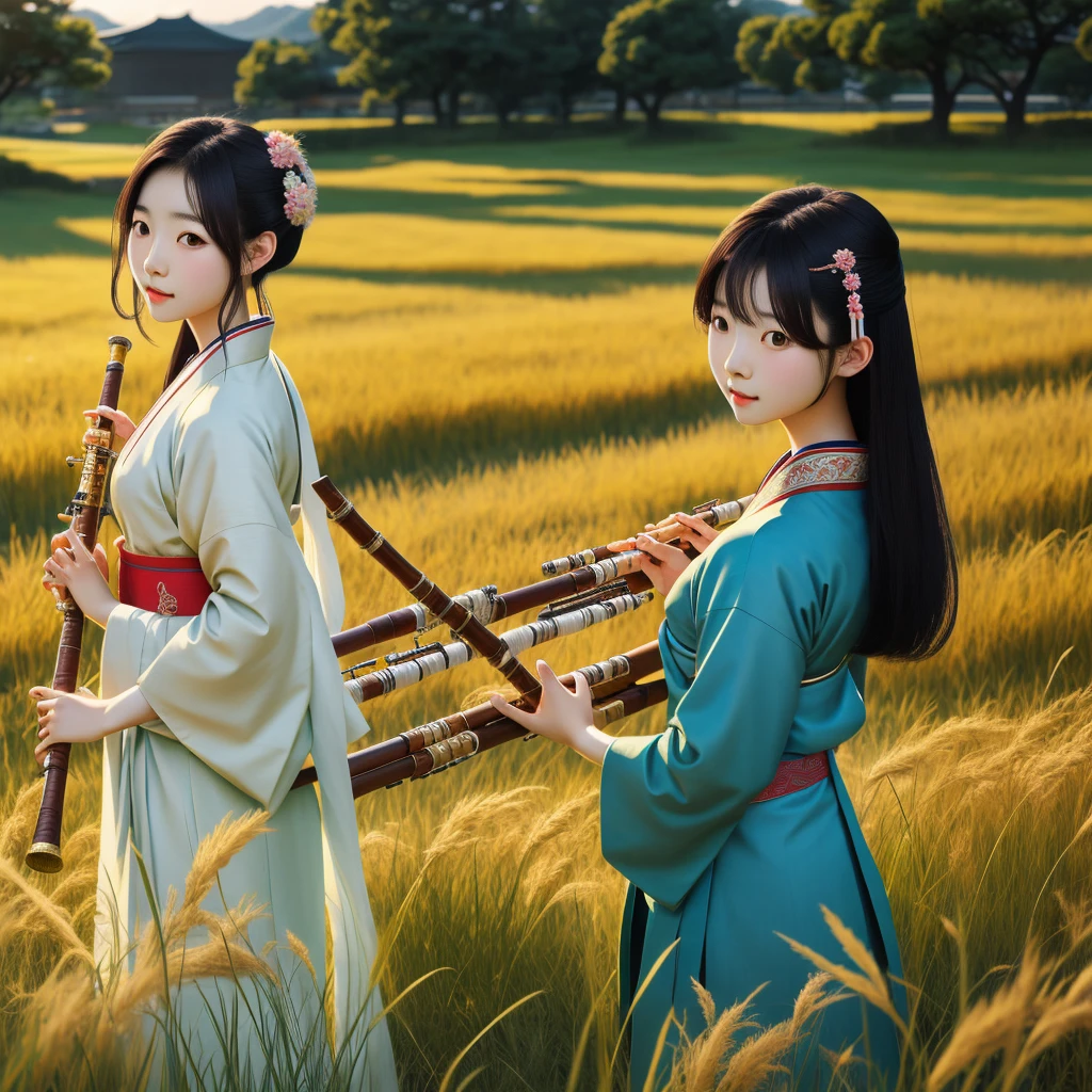 Korean girl, solo, Joseon Era, 18y, grass field, naked, big pubic hair, medium breasts, delicate, ultra feminine, youth, flute