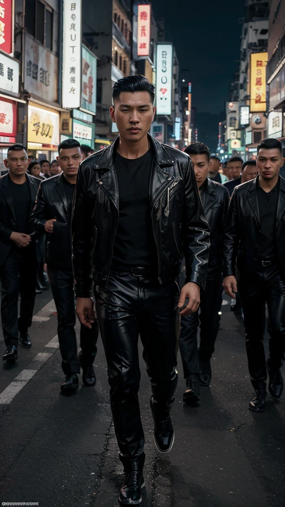 A handsome Hong Kong mafia boss is walking coolly with a gang of mafia, wearing a shiny black leather jacket, Undercut hair is combed neatly, night road background, real photo, professional photo, clear photo, realistic photo, full HD, 4k 