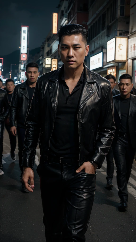 A handsome Hong Kong mafia boss is walking coolly with a gang of mafia, wearing a shiny black leather jacket, Undercut hair is combed neatly, night road background, real photo, professional photo, clear photo, realistic photo, full HD, 4k
