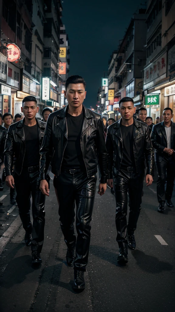 A handsome Hong Kong mafia boss is walking coolly with a gang of mafia, wearing a shiny black leather jacket, Undercut hair is combed neatly, night road background, real photo, professional photo, clear photo, realistic photo, full HD, 4k