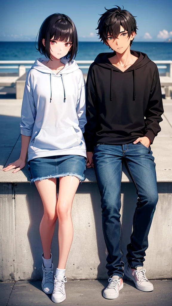 “A 17-year-old boy with black hair and a 17-year-old girl with short black hair, both wearing matching hooded sweatshirts and matching denim jeans, sitting on a harbor breakwater watching the sunset. Both are wearing sneakers. The scene is illuminated like a movie, with the two gazing into each other’s eyes.”