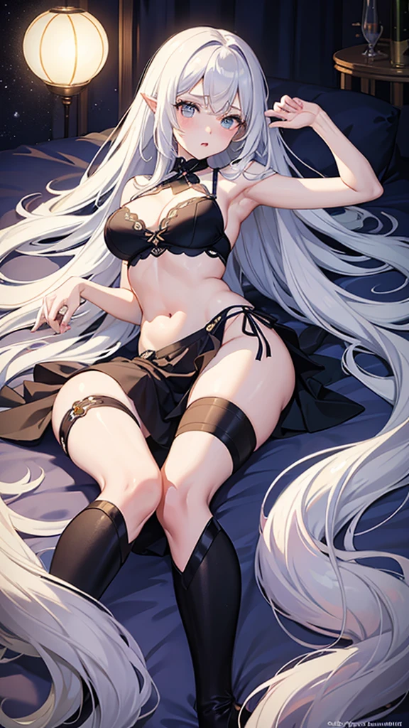 bright hair,
absurdly long hair,
swept bangs,
straight hair, @_@,
wince,
embarrassed,
chestnut mouth,
thin eyebrows,
older sister,
Thin body,
pale skin,
medium large breasts,
pasties,
cleavage cutout,
midriff peek,
large ass,
long legs,
focus boob,
topless,
lingerie,
angel wings,
undressing,
shyness,
on bed,
at night,
looking up at viewer,