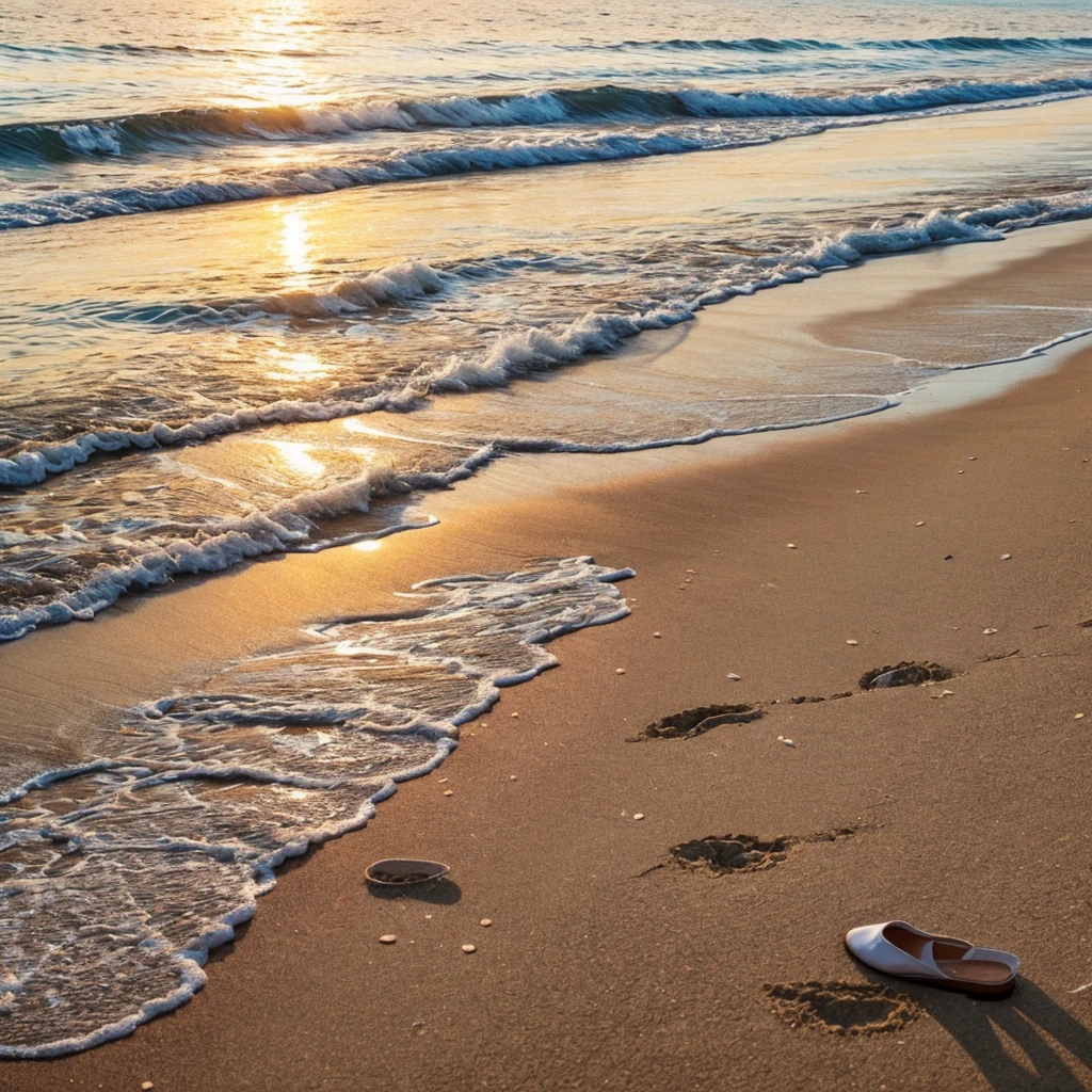 Beautiful beach with sand and seashells, water on the sand, sunset, with water on shoe, and birds
