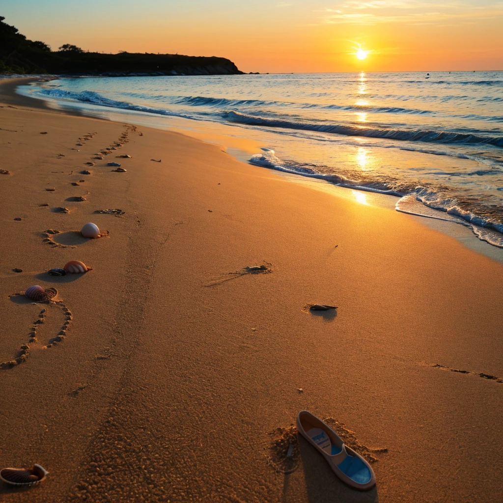 Beautiful beach with sand and seashells, water on the sand, sunset, with water on shoe, and birds