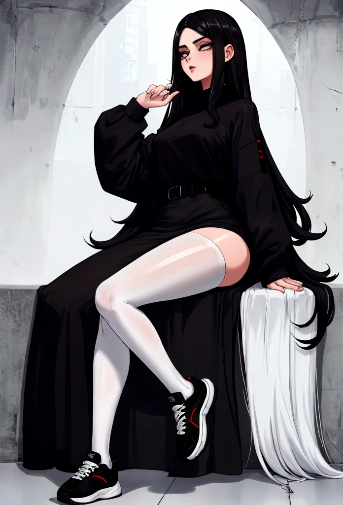 Age 22, white skin girl, almost speaks, Bblack hair, extremely long hair, Cramped, black pantyhose, black sneakers, Bblack hair, hair between the eyes, White hair, cloused mouth, range, cabelo bagunçado saia formal Bblack hair grande extremely long hair olhos cinzas