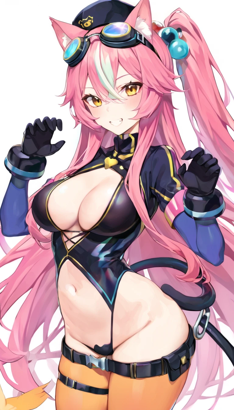 an anime girl with a pink long hair holding a whip with wings and goggles, 1girl, solo, pink hair, ???????, tail, animal ears, long hair, yellow eyes, multicolored hair, cat tail, claw pose, hat, virtual youtuber, cat ears