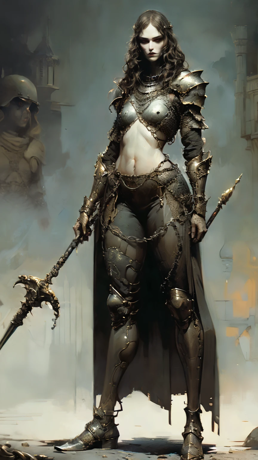 European woman, (((wide hips))), 8k, absurd res, ((wide eyes)), flawless face, 1girl, natural body, ((super wide hips)), full body image, solo, masterpiece, highly detailed, flawless eyes, expressive detailed eyes, pale skin, wide eyed, detailed pupils, realistic skin, some freckles, realistic skin texture, ((small chest)), super detailed skin, og style, amazing painting, perfect image, 8k, (chin length hair), ((black wavy hair)), (broad hips), ((wearing chainmail and plate armor)), dark moody atmosphere, (full body image), (metal greaves on her feet), (gauntlets), (holding a metal club), ((zoom out, full body and face shot)). full body image, (wearing a helmet), ((fully covered))