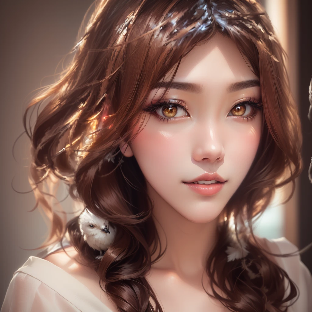 Close-up of a woman with a bird on her shoulder, Realistic young anime girl, Stunning Anime Face Portraits, Beautiful Korean Women, Korean Girls, Real life anime girls, Popular Korean makeup, Cute natural anime face, Young and adorable Korean face, Cute realistic portrait, Popular Korean makeup, Gorgeous Young Korean Woman, Beautiful young Korean woman, Beautiful Asian Girl