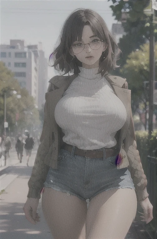 (work of art, best qualityer, hires, high resolution:1.2), (comely, Aesthetics, perfect, dainty, intricate:1.2), (Depth of field:1.2), (mature woman), (a sexy woman walking in a park), (Breasts huge), (one-piece fitted knit sweater), (long knit sweater), open brown jacket, (no pants, sem shorts), (thick-framed glasses), (Thu), (cowboy shot),