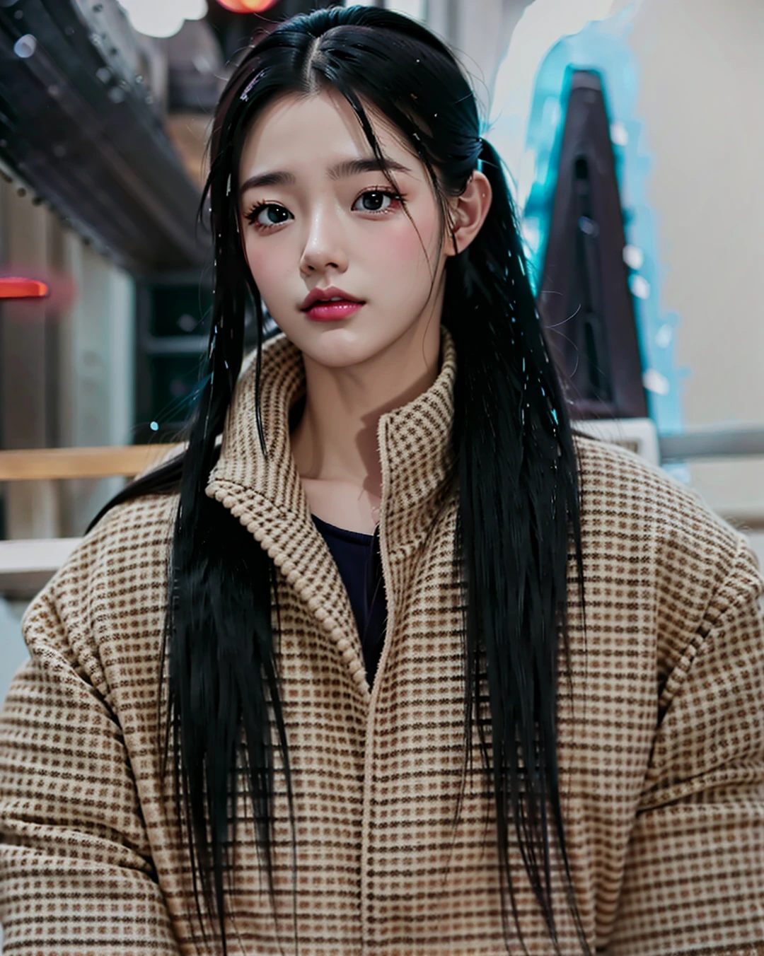 a beautiful girl in a night street, Kim Minji from Newjeans, wearing a classy dress, dramatic lighting, wide angle shot, detailed face and eyes, long eyelashes, beautiful hair in a ponytail, ultra-detailed, 8k, photorealistic, dramatic lighting, cinematic