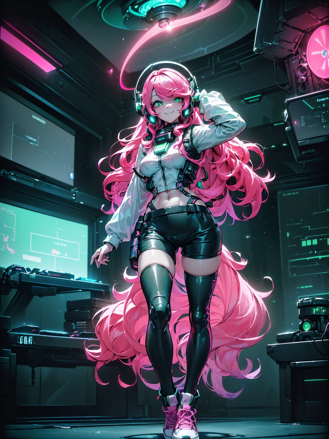 masterpiece:1.4, 1girl ((20year old, dressed in long sleeve shirt, tight black shorts, sneakers, medium breasts, multicolor pink hair, curly long hair, perfect model body, green eyes:1.4, Wearing headphones, flirting, happy, big smile, Looking out of a Futuristic Sci-Fi Space Station windows staring out to a beautiful galaxy:1.2, sci fi control room in the background at night:1.1, neon and energetic atmosphere:1.2)) ((galaxy)) ((solo:1.6)) ((wide Camera angle))