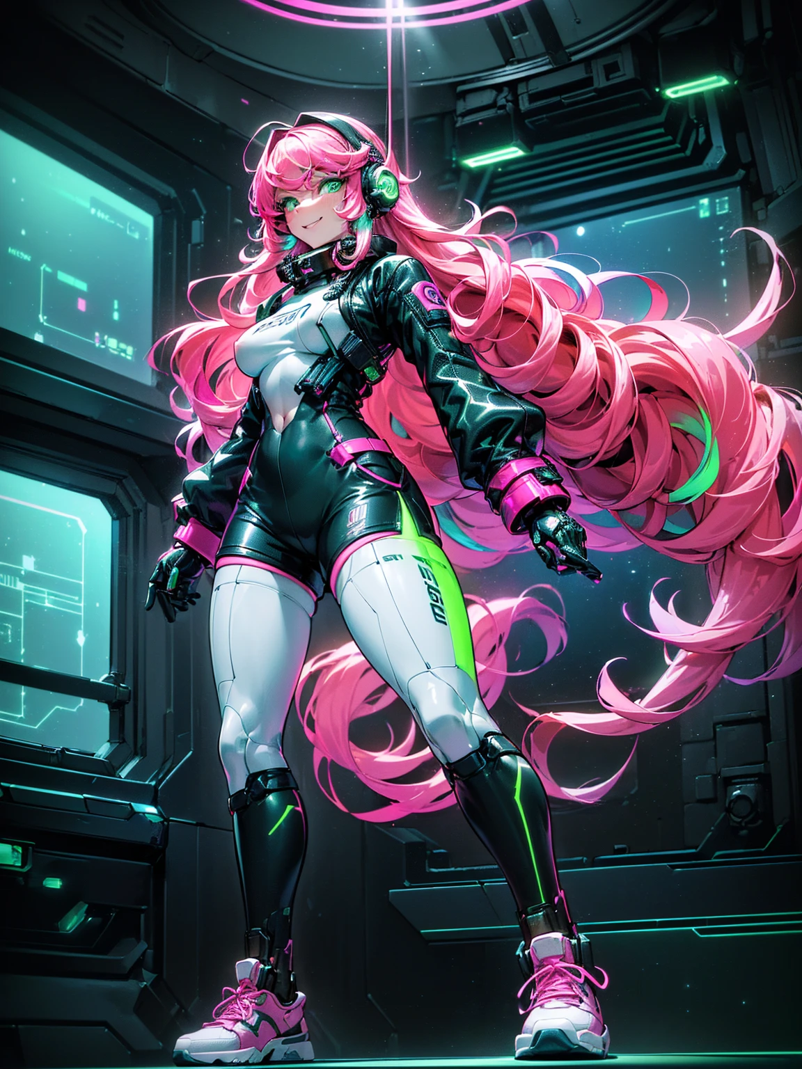 masterpiece:1.4, 1girl ((20year old, dressed in long sleeve shirt, tight black shorts, sneakers, ??????????????, multicolor pink hair, curly long hair, perfect model body, green eyes:1.4, Wearing headphones, ????????, happy, big smile, Looking out of a Futuristic Sci-Fi Space Station windows staring out to a beautiful galaxy:1.2, sci fi control room in the background at night:1.1, neon and energetic atmosphere:1.2)) ((galaxy)) ((solo:1.6)) ((wide Camera angle))