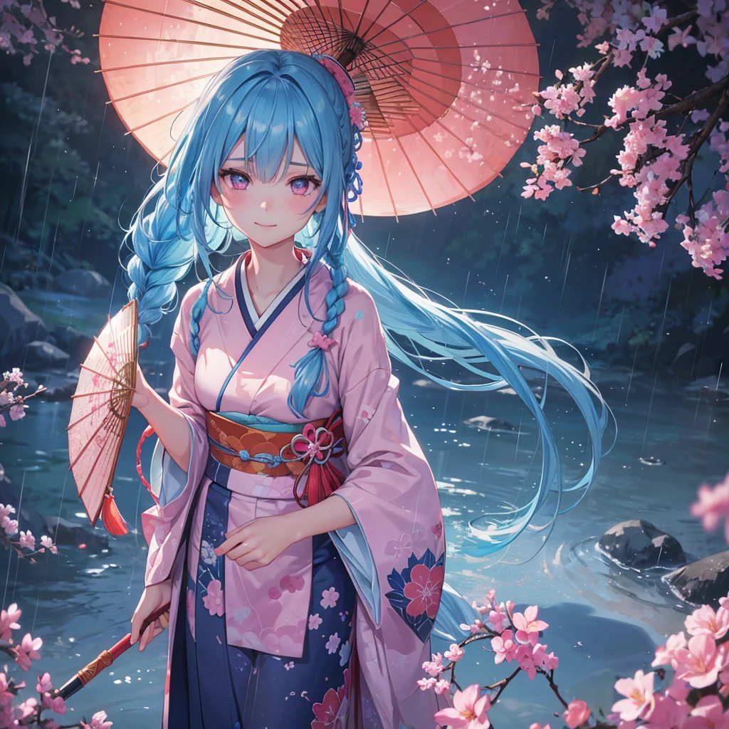 sky Blue hair, (braided ponytail),(pink eyes),fair skin ,(full body),(1 girl),smile,Straight Bangs,(masterpiece, best quality, ultra-detailed, best shadow), (detailed background), (beautiful detailed face), high contrast, (best illumination, an extremely delicate and beautiful), ((cinematic light)), colorful, hyper detail, dramatic light, intricate details,rain shower,kyoto,Japanese Umbrella,kimono,