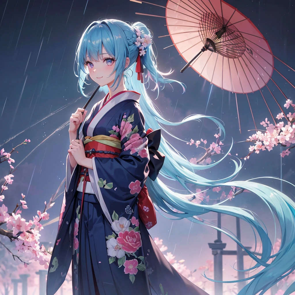 sky Blue hair, (braided ponytail),(pink eyes),fair skin ,(full body),(1 girl),smile,Straight Bangs,(masterpiece, best quality, ultra-detailed, best shadow), (detailed background), (beautiful detailed face), high contrast, (best illumination, an extremely delicate and beautiful), ((cinematic light)), colorful, hyper detail, dramatic light, intricate details,rain shower,kyoto,Japanese Umbrella,kimono,