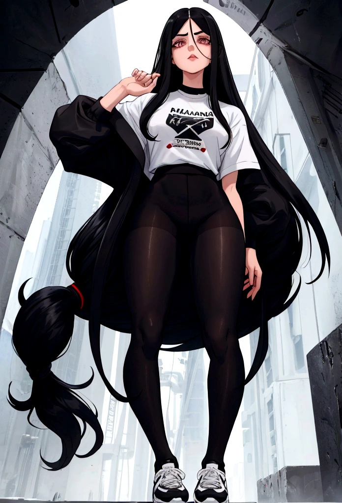 Age 22, white skin girl, almost speaks, Bblack hair, extremely long hair, Cramped, black pantyhose, black sneakers, Bblack hair, hair between the eyes, White hair, cloused mouth, range, cabelo bagunçado saia formal Bblack hair grande extremely long hair olhos cinzas