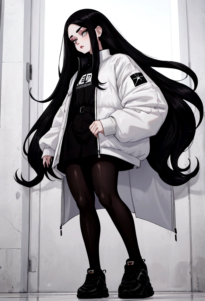 Age 22, White skin girl, almost speaks, Bblack hair, extremely long hair, Cramped, black pantyhose, black sneakers, Bblack hair, hair between the eyes, White hair, cloused mouth, range, cabelo bagunçado saia formal Bblack hair grande extremely long hair olhos cinzas