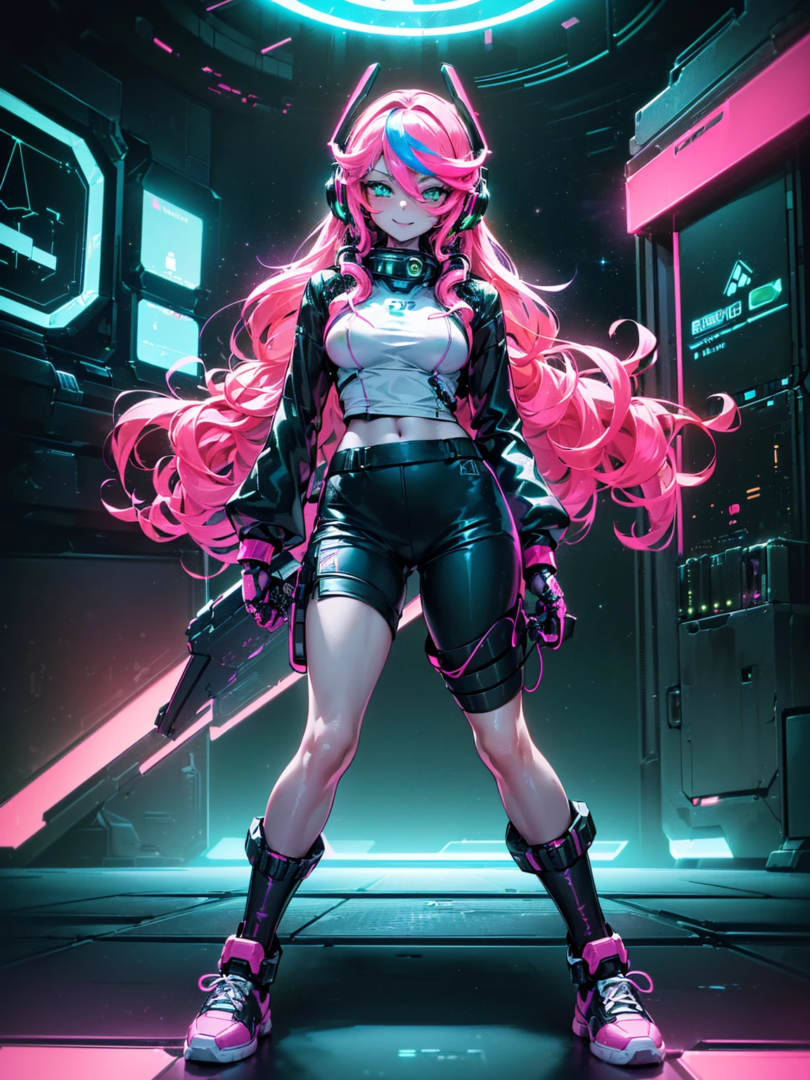 masterpiece:1.4, 1girl ((20year old, dressed in long sleeve shirt, tight black shorts, sneakers, medium breasts, multicolor pink hair, curly long hair, perfect model body, green eyes:1.4, Wearing headphones, flirting, happy, big smile, Looking out of a Futuristic Sci-Fi Space Station windows staring out to a beautiful galaxy:1.2, sci fi control room in the background at night:1.1, neon and energetic atmosphere:1.2)) ((galaxy)) ((solo:1.6)) ((wide Camera angle))