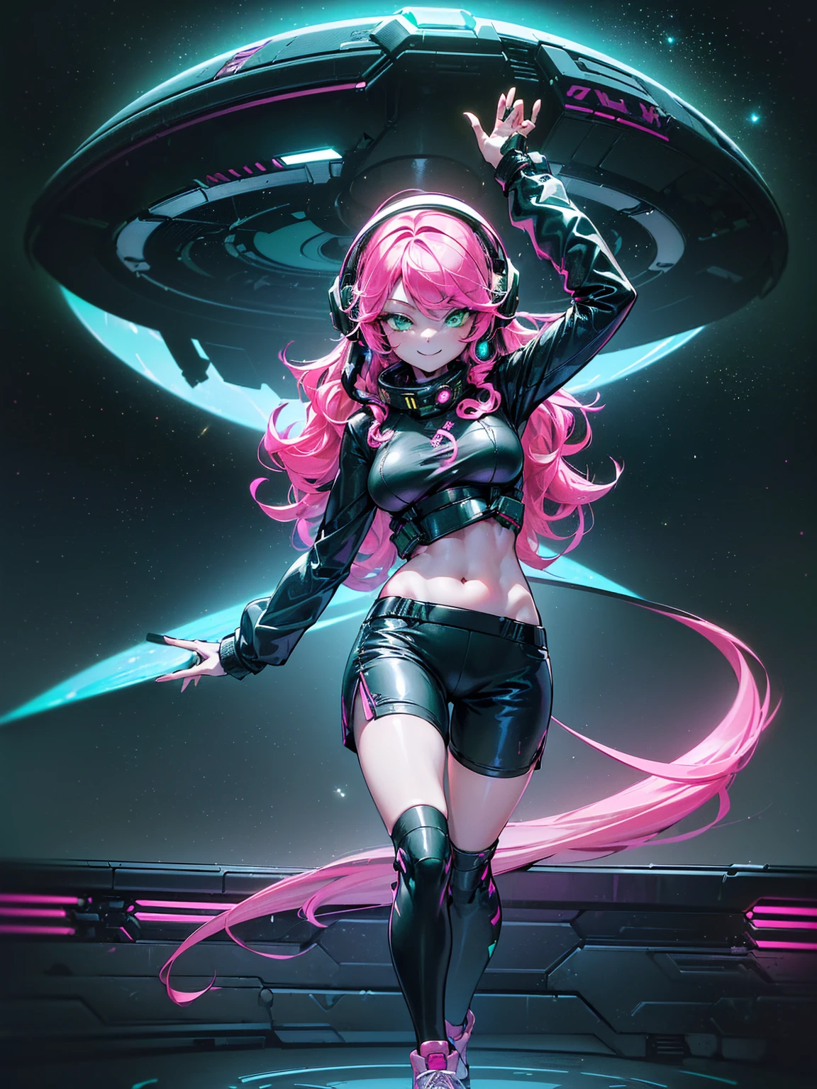 masterpiece:1.4, 1girl ((20year old, dressed in long sleeve shirt, tight black shorts, sneakers, medium breasts, multicolor pink hair, curly long hair, perfect model body, green eyes:1.4, Wearing headphones, flirting, happy, big smile, Looking out of a Futuristic Sci-Fi Space Station windows staring out to a beautiful galaxy:1.2, sci fi control room in the background at night:1.1, neon and energetic atmosphere:1.2)) ((galaxy)) ((solo:1.6)) ((wide Camera angle))