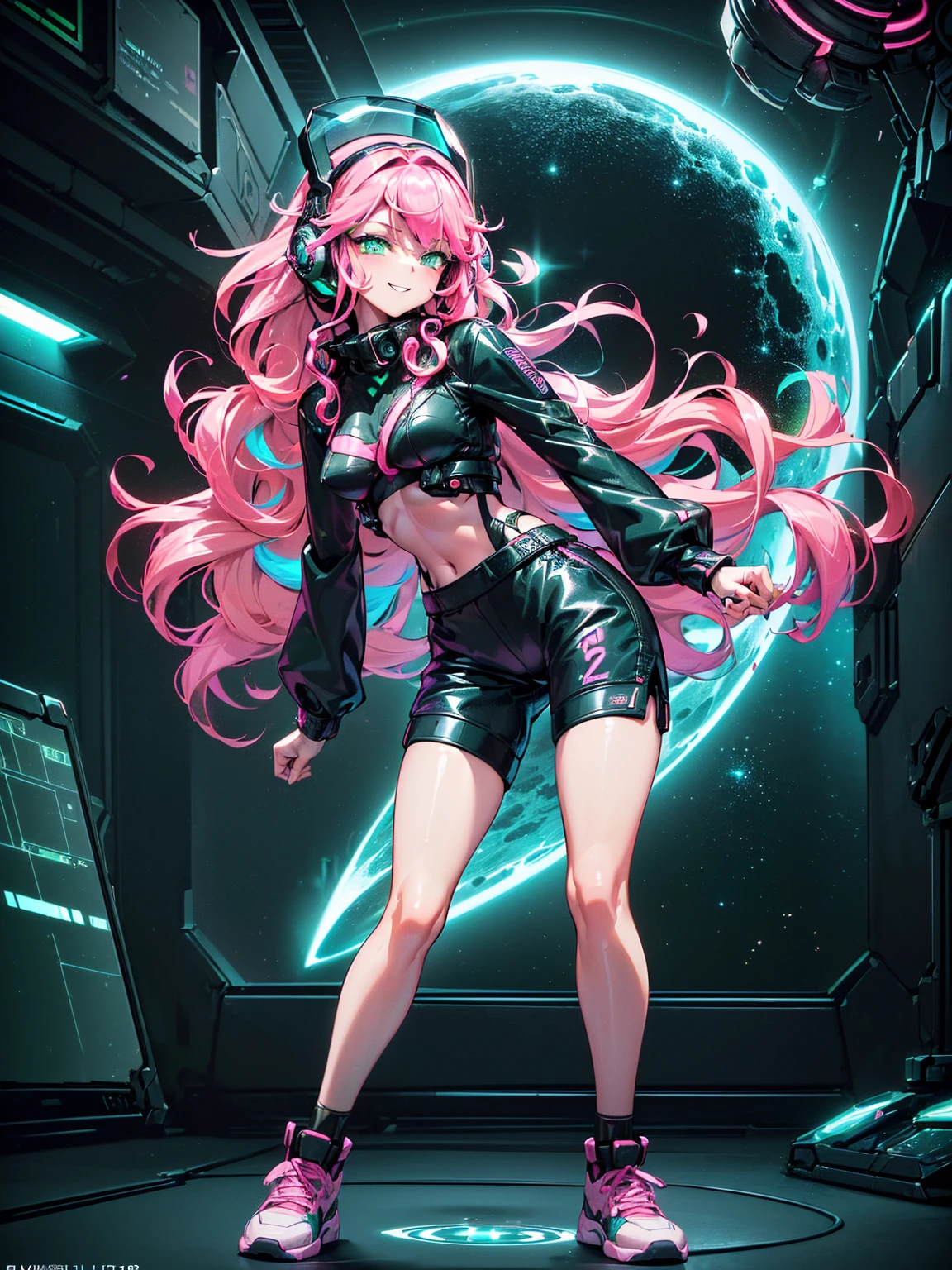 masterpiece:1.4, 1girl ((20year old, dressed in long sleeve shirt, tight black shorts, sneakers, medium breasts, multicolor pink hair, curly long hair, perfect model body, green eyes:1.4, Wearing headphones, flirting, happy, big smile, Looking out of a Futuristic Sci-Fi Space Station windows staring out to a beautiful galaxy:1.2, sci fi control room in the background at night:1.1, neon and energetic atmosphere:1.2)) ((galaxy)) ((solo:1.6)) ((wide Camera angle))