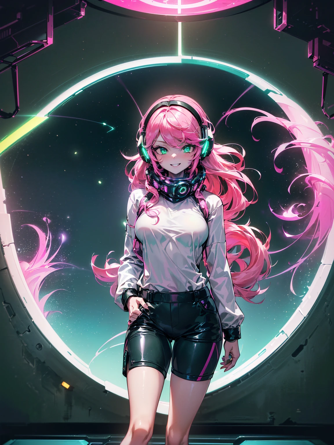 masterpiece:1.4, 1girl ((20year old, dressed in long sleeve shirt, tight black shorts, sneakers, medium breasts, multicolor pink hair, curly long hair, perfect model body, green eyes:1.4, Wearing headphones, flirting, happy, big smile, Looking out of a Futuristic Sci-Fi Space Station windows staring out to a beautiful galaxy:1.2, sci fi control room in the background at night:1.1, neon and energetic atmosphere:1.2)) ((galaxy)) ((solo:1.6)) ((wide Camera angle))