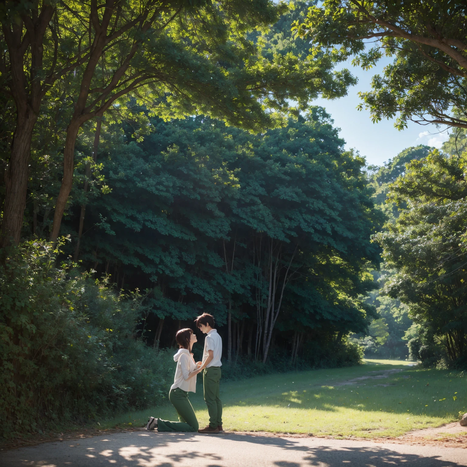 anime, garota, Floresta, mochila,From afar a girl kissing a boy in a white shirt and green pants in the forest with dried leaves on the ground and some rabbits,beijo apaixonado distante ( ( Makoto Shinkai ) ), Makoto Shinkai Cirilo Rolando, Makoto Shinkai e Tom Bagshaw, Makoto Shinkai. digital rendering, Estilo de Makoto Shinkai