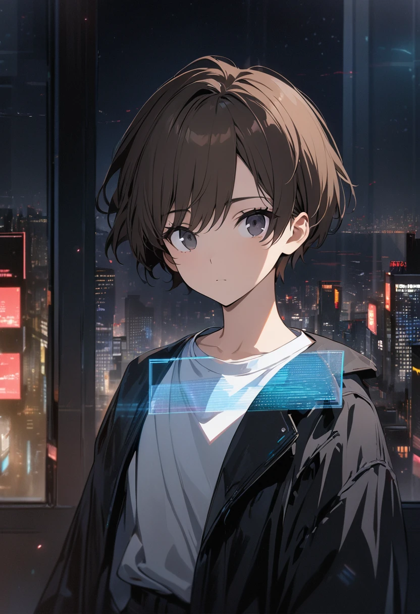 (BEST QUALITY), (MASTERPIECE), illustration, Extremely_detail, 4k wallpaper , midnight, man, black jacket, white T-shirt, black jeans, 18 years old , brown Hair, short hair, black eyes, , holographic window, smart, Background of the city