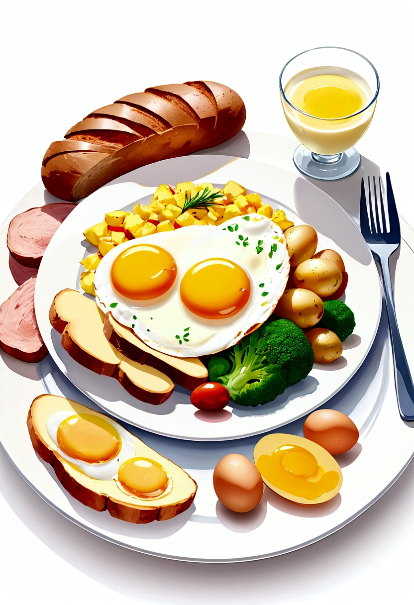 ((best quality)), ((masterpiece)), (detailed), water color style, create a picture of healthy food on a plate. The food consist of, Eggs, bread, potatoes, glass of milk, meat, chicken meat, some vegetables, against brilliant white background, 8k, high resolution, vibrant color, isolated white