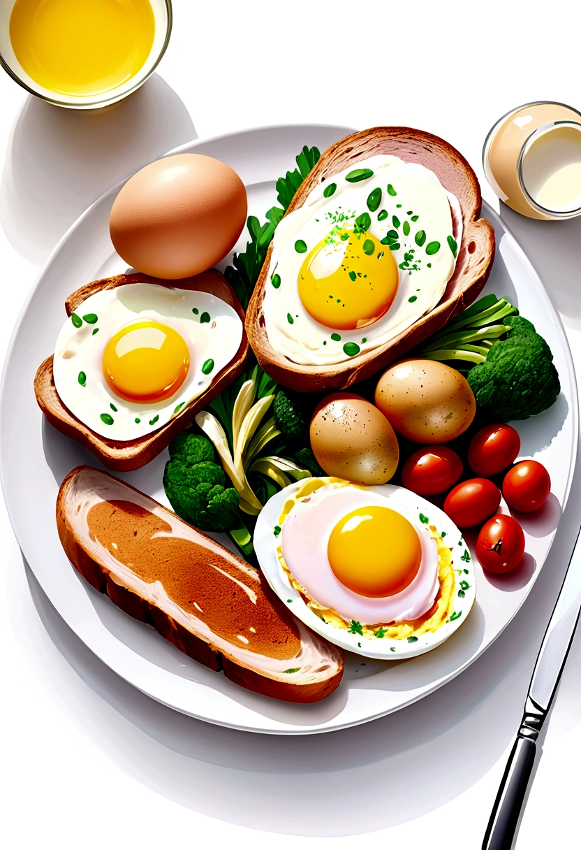 ((best quality)), ((masterpiece)), (detailed), water color style, create a picture of healthy food on a plate. The food consist of, Eggs, bread, potatoes, glass of milk, meat, chicken meat, some vegetables, against brilliant white background, 8k, high resolution, vibrant color, isolated white