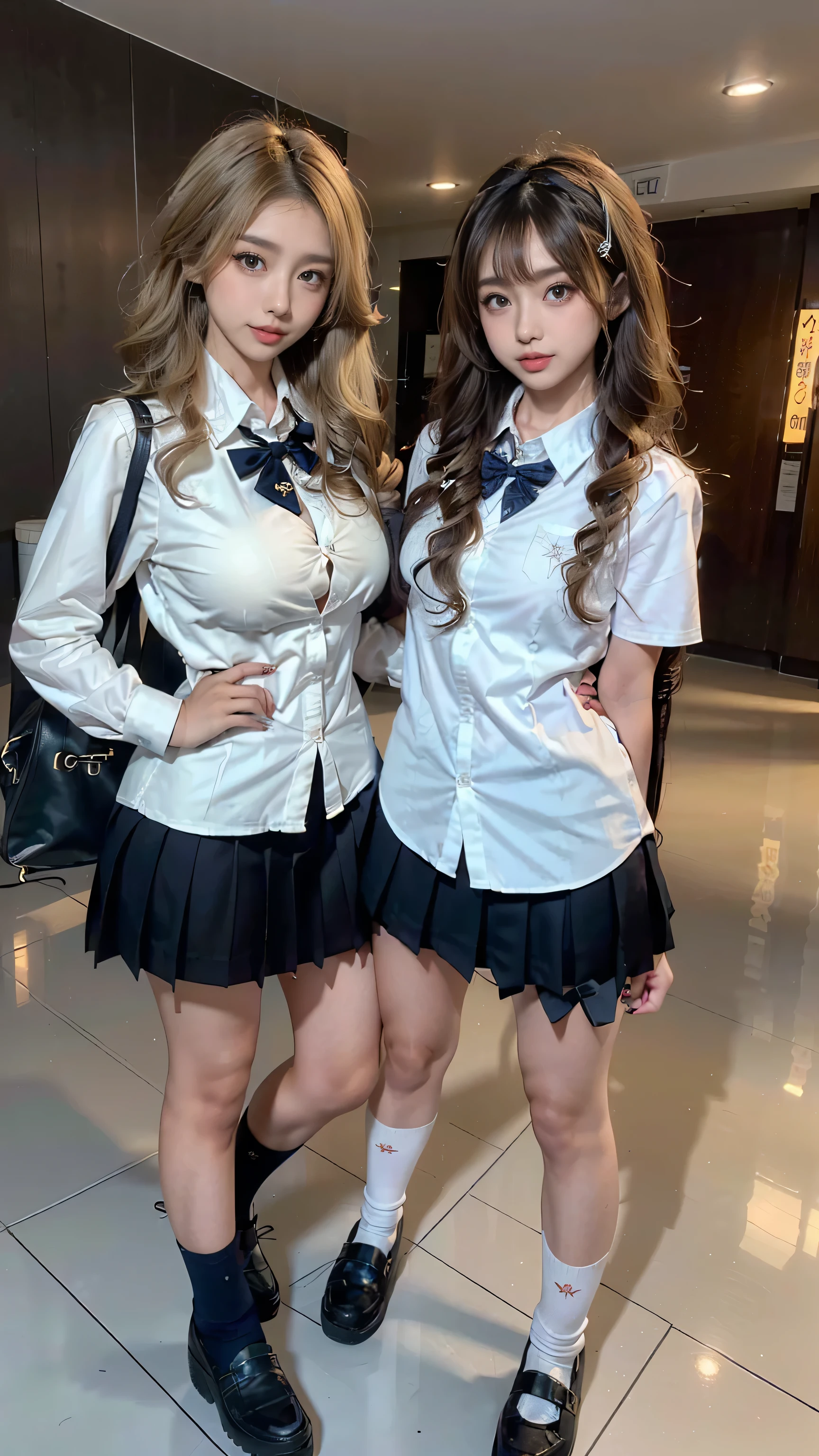 (scene; (Two women:1.8)), A gal of about the same height, (Two high school girls), (Shopping mall, Shopping Street, street, Outdoor), Full body portrait, Photograph the whole body, Are standing, (Tall, Thin thighs, Elongated arms and legs, Small waist, Small hips), ((Highly detailed skin), Beautiful realistic face, White skin, Pointed Chest, Perfect Anatomy, Realistic eyes, Natural eyes, Brown eyes, Accurate eye focus, Accurate limbs), (hyper realist, Ultra-realistic, 4K, Attention to detail, Ultra-high resolution, Highest quality, masterpiece, Presence, dynamic, Uplifting, bold, Sharpness), (Big Breasts:1.5), (Cleavage:1.5), (Blonde long hair:1.5, loose wavy long hair:1.5, Loose curly hair:1.5), (sleek bangs), (Twin tail hair), ((White collared shirt, Navy pleated mini skirt, Navy colored socks, Black loafers, Ribbon tie)), High school girl in uniform, Surreal high school girl, tall, High school girls in uniform, smile, Emphasis on cleavage, (Are standingTwo high school girls:1.8),