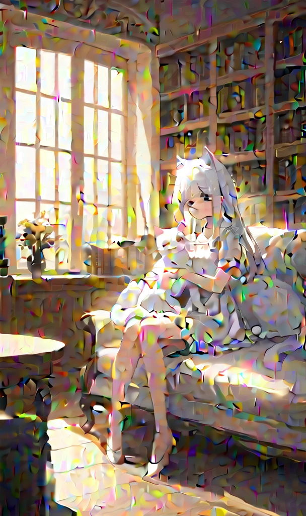 (masterpiece),(highest quality),highres,(an extremely delicate and beautiful),(extremely detailed),
a young girl with white hair and wearing a white dress sits on a couch, embracing a white cat, She has cat ears and a tail, showing her to be a feline creature like human,  with a window letting in natural light and a bookshelf full of various books, Nearby, one can see a cup placed on a table,
depth of field, blurry foreground, blurry background