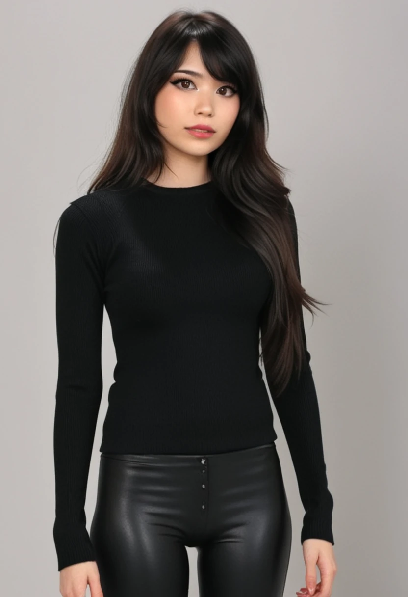 a girl, full headshot breasts, black sweater, emirulolxl, black leather pants