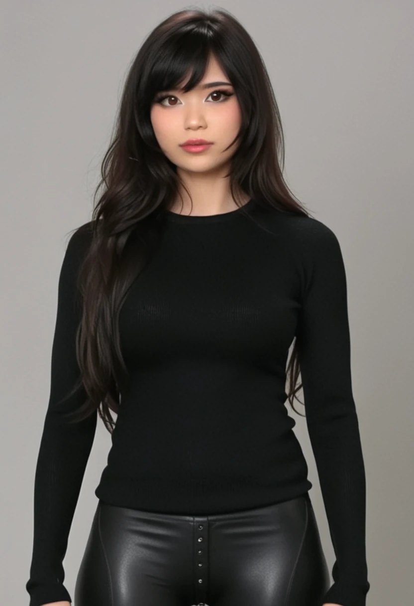 a girl, full headshot breasts, black sweater, emirulolxl, black leather pants