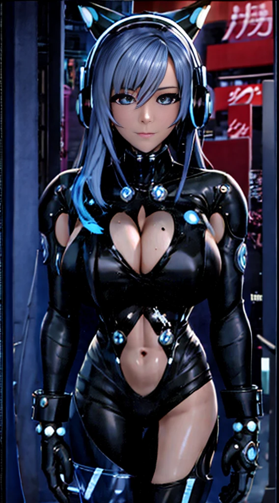 (1GIRL, alone, 独奏), (super detailed face), (Black Long Hair:1.2), (BIG BUTTOCKS, 11 LINE ABS, CLEAVAGE, HUGE FAKE BREASTS:1.5), (MECHA GUARD ARM:1.3), (A girl wearing sexy clothing，scantily clad，Whit cyberpunk sexy maillot，tight clothing，maillot，tight，fitting closely，High slit tight fitting clothing，Glowing eyes，Gloves，（A huge chest：1.4）,Large area of skin，The only person，lackluster in one's eyes，A cold expression，White woman，mechanical artificial limb,Mechanical neck，mechanical high heel stiletto boots, Slim waist, Wide hips，High target，Full body portrait，完美的woman身体，woman形象，High-tech laboratory，woman，a voluptuous figure，Mechanical joints，Cyberpunk，Half of the chest is not covered，Thigh gap， Ceramic material，Hollow waist，Facing the audience，very short shaved hair，White hair，crew cut，tomboy， giant breasts, giant ass, very curvy, shiny silver hair, bright blue coloured eyes, cyborg, robotic arms，mechanical parts，Bare thighs，Sexy clothing，Mechanical headphones，Expose buttocks,Bare waist，Large area skin exposure， MECHA GUARD ARMOR LEGS, HIGH HEELS:1.5), (THICC MUSCULAR FEMALE BODY, SEXY LONG LEGS:1.1), (LOOKING AT VIEWER:1.3), (female focus:0.886),(BRIGHT LIGHTING:1.5), ULTRA HIGHT DEFINITION,Whit，highleg leotard，cyborg，cyberpunk