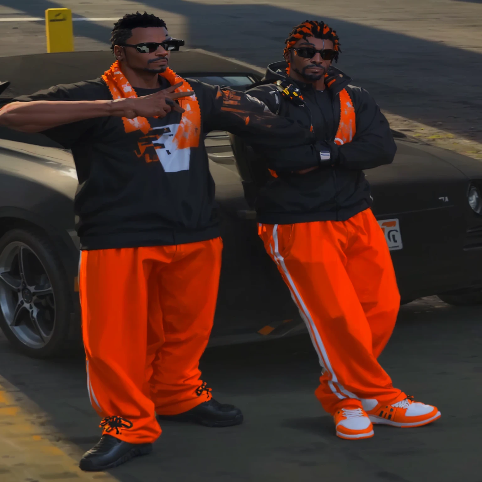 two men in orange pants and black shirts standing next to a car, orange gi, orange and black, 2 k, 2k, orange racing stripes, thugs, fluffy orange skin, ingame image, not cropped, black and orange, wearing a track suit, orange skin, hyperdetailed!!!, wearing a tracksuit, saints row fursuit tails mod