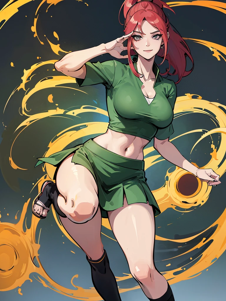 uzumaki_kushina, big breasts, medium thighs, medium ass, solo, green shirt,shirt up,navel, cleavage,bellybutton,ponytail,tight dress, short skirts, masterpiece, best quality, detailed face, detailed eyes, highres, (masterpiece:1.4, best quality:1.2), (Highres), (Detailed Illustration), Ultra-Detailed, konohagakure, leg spread,looking in front, smiling playfully with a mischievous glint in the eyes, standing
