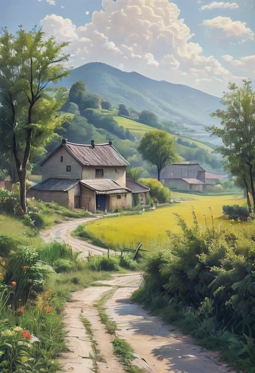 (Masterpiece, Top Quality, Best Quality, Official Art, Beautiful and Aesthetic:1.2), Country landscape painting is a genre that depicts the essence of rural life and nature next to the common village man. Hills, farmland and small villages can often be seen here.