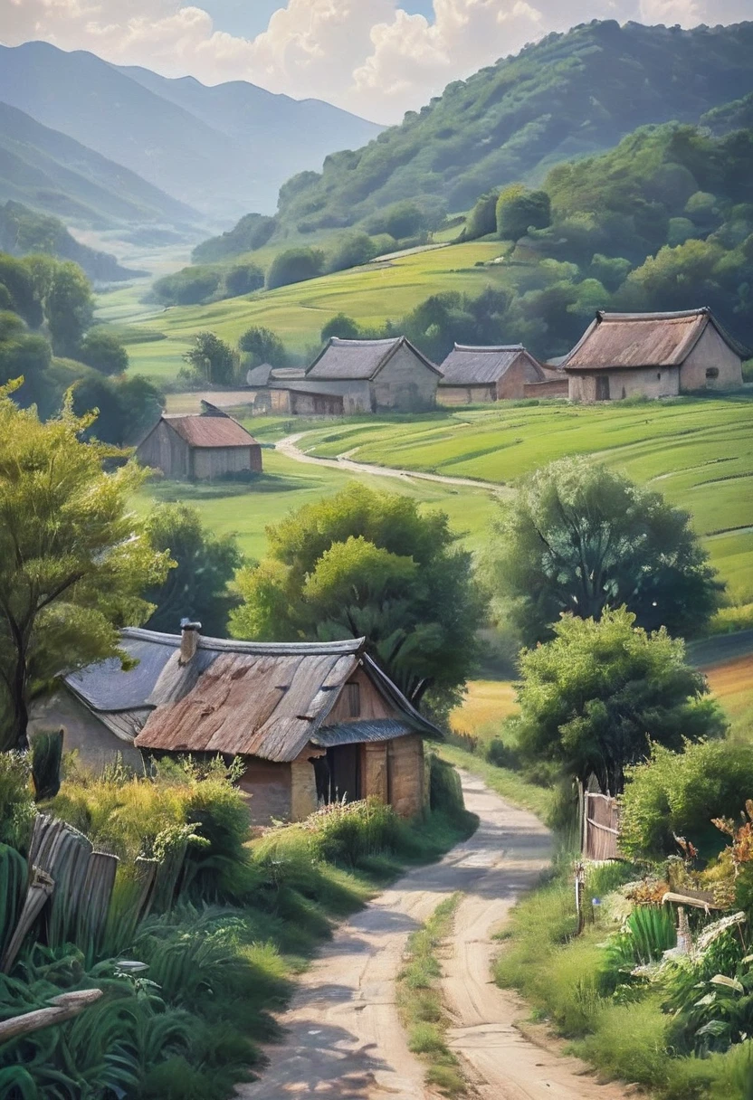 (Masterpiece, Top Quality, Best Quality, Official Art, Beautiful and Aesthetic:1.2), Country landscape painting is a genre that depicts the essence of rural life and nature next to the common village man. Hills, farmland and small villages can often be seen here.