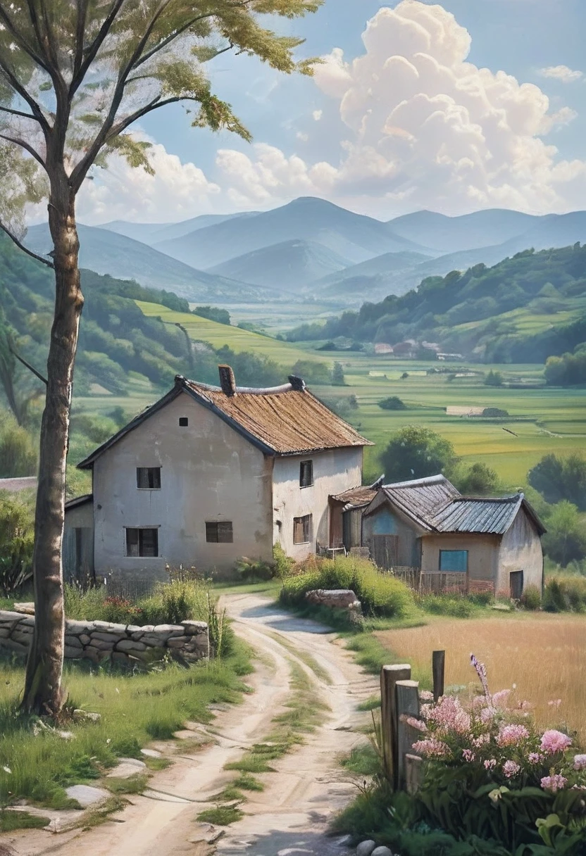 (Masterpiece, Top Quality, Best Quality, Official Art, Beautiful and Aesthetic:1.2), Country landscape painting is a genre that depicts the essence of rural life and nature next to the common village man. Hills, farmland and small villages can often be seen here.