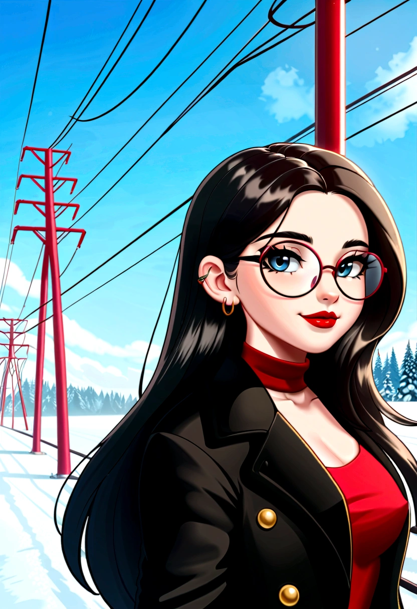 same,, 1 Girl, animal, black eyes, Black Hair, blue Sky, clear Sky, earrings, Glasses hanging, Took off the glasses, Black trench coat, Jewelry, Long hair, looking off to the side, outdoor, Power lines, Red lips, Sky, Smile, snow, Solitary,  winter, winter clothes, , ((masterpiece))