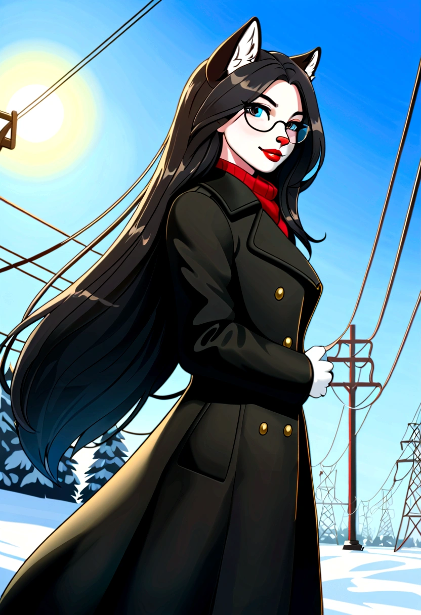 same,, 1 Girl, animal, black eyes, Black Hair, blue Sky, clear Sky, earrings, Glasses hanging, Took off the glasses, Black trench coat, Jewelry, Long hair, looking off to the side, outdoor, Power lines, Red lips, Sky, Smile, snow, Solitary, winter, winter clothes, , ((masterpiece))