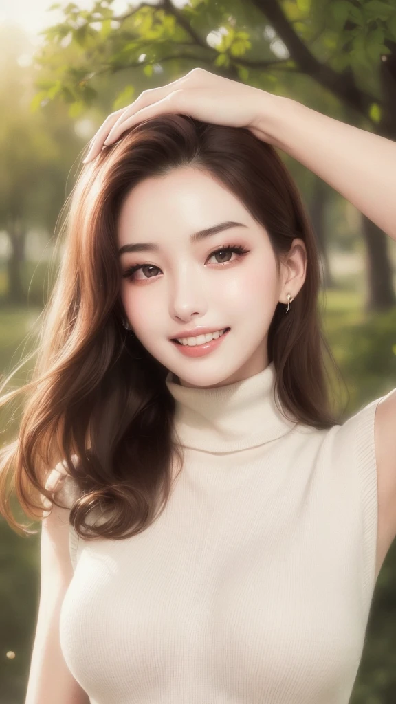 (highest quality、table top、8k、best image quality、Award-winning work)、one beautiful woman、25 years old、(alone:1.1)、perfect beautiful composition、Huge breasts that are about to burst、Tight tight knit for a perfect fit、emphasize body line、(very short hair:1.1)、(Perfect Turtleneck Sleeveless Knit Sweater:1.1)、(close up of face:1.2)、look at me and smile slightly、(Strongly blurred precise park background:1.1)、stand gracefully、droopy eyes、natural makeup、Ultra high definition beauty face、ultra high definition hair、Super high-definition sparkling eyes、Ultra high definition perfect teeth、Super high-definition glossy and beautiful skin、Super high resolution glossy lips、accurate ???????、