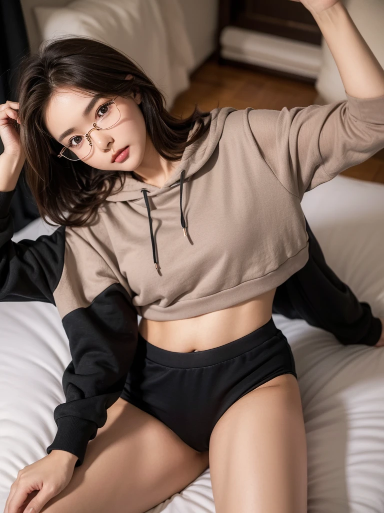 ((best quality)), ((masterpiece)), (detailed),(very cute), 1girl, short messy brown hair, glasses, brown eyes, small waist, big thighs, short black hoodie, very see through black underwear,laying on bed while wide open legs