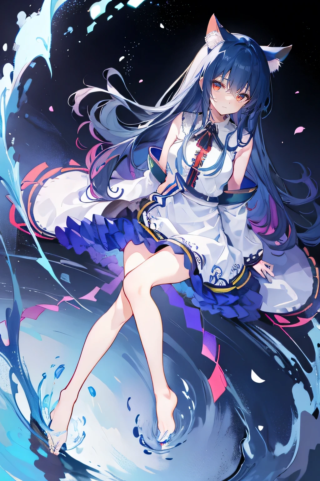(masterpiece:1.2),Super detailed,lifelike,Expressive eyes,fair skin,perfect face shape,1 girl,
Japanese comics,Gorgeous blue hair,flowing blue hair,flowing clothes,Cat ears,Petals fall,beautiful lola,Baby Angel,
Shaking head with one hand,Cross your legs,Gentle and peaceful background,The pavilion is cool and comfortable,smile, wearing hoodie, background of tokyo,back views,snowing, winter,lie on the water,Lying on the ground。Dark blue gradient hair,asymmetrical hair,((Hair is very thick 1.8,Chiseled hair 1.6)), Hair over the shoulders, Messy hair, Very long hair, shiny hair,(long dark blue hair:1.2),A beautiful girl,(Transparent clothes transparent 1.8),Perfect body,Big thin legs,slender,(Looks very sad,Looks haggard ,sadness,shut your mouth:1.2) Against the backdrop of an unusually bright dark starry sky,(Put your hands behind your back),(round,Room, Strong breasts),barefoot,float,water surface,(long legs,long legs,long legs,Complete)