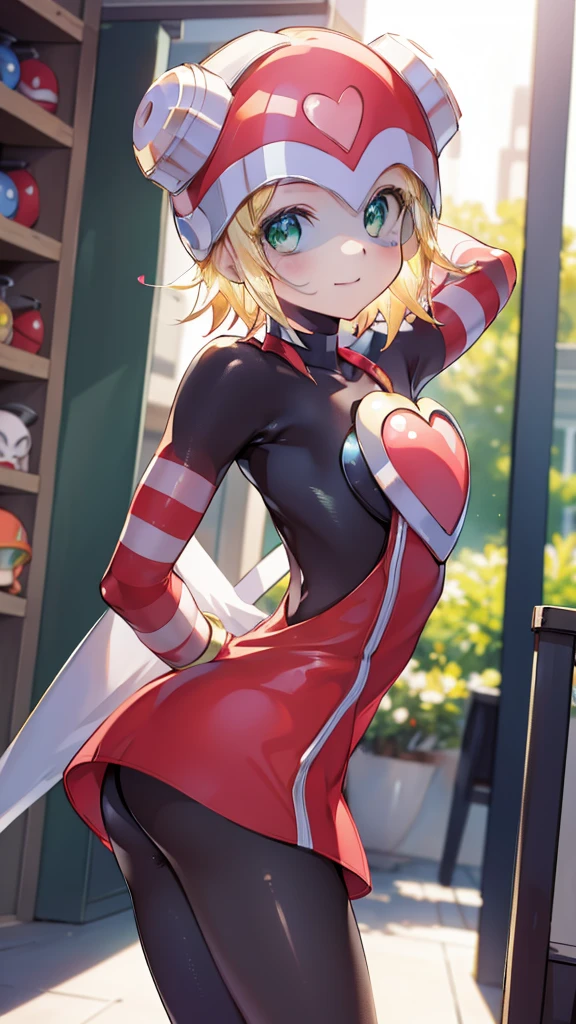 masterpiece,Highest quality,One girl,Harp Notes_Mega Man,Blonde,short hair,Bodysuits,heart,((Helmet)),Green Eyes,smile,Leaning forward,Put your arms behind your back,View your viewers,