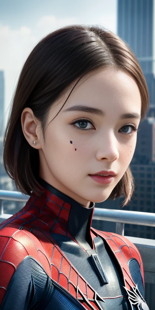 (1girl:1.3), Solo, (((Very detailed face)))), ((Very detailed eyes and face)))), Beautiful detail eyes, Body parts__, Official art, Unified 8k wallpaper, Super detailed, beautiful and beautiful, beautiful, masterpiece, best quality, original, masterpiece, super fine photo, best quality, super high resolution, realistic realism, sunlight, full body portrait, amazing beauty, dynamic pose, delicate face, vibrant eyes, (from the front), She wears Spider-Man suit, red and black color scheme, spider, very detailed city roof background, rooftop, overlooking the city, detailed face, detailed complex busy background, messy, gorgeous, milky white, highly detailed skin, realistic skin details, visible pores, clear focus, volumetric fog, 8k uhd, DSLR, high quality, film grain, fair skin, photo realism, lomography, futuristic dystopian megalopolis, translucent