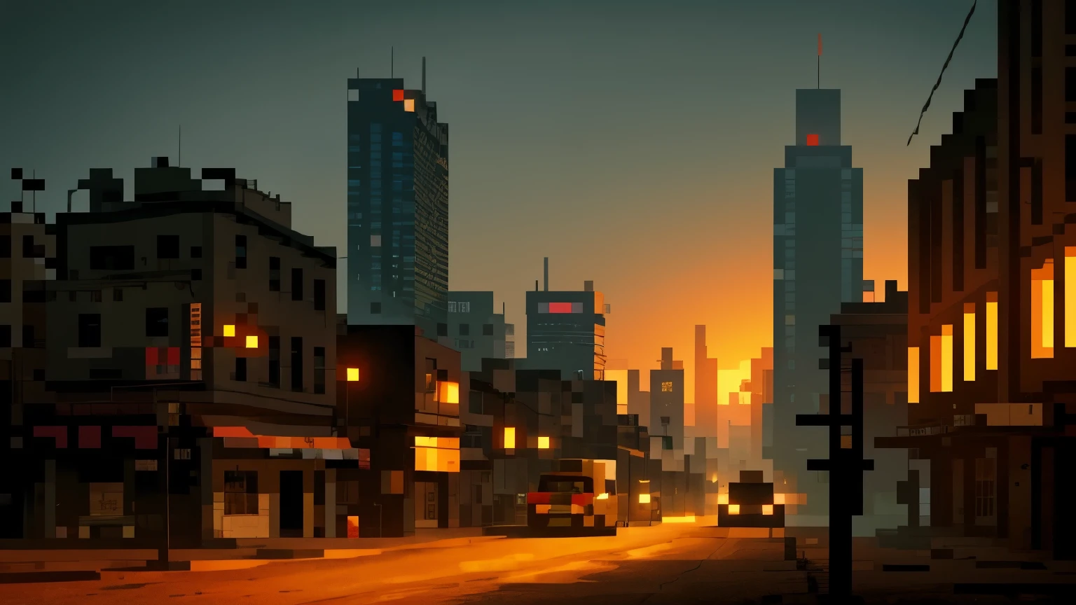 pixel art,pixel perfect, in a post apocalyptic city dark orange lighting, detailed environmental textures,moody atmospheric lighting,cinematic composition,intricate details,vibrant colors,dramatic lighting,volumetric fog,realistic shading,masterpiece, vehicles on the streets